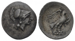 Latium, Alba Fucens Obol circa 2780-263, AR 12.00 mm., 0.66 g.
Helmeted head of Athena r. Rev. Eagle standing r., open wing, on thunderbolt. SNG Fran...
