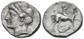 Calabria, Tarentum Nomos after 276, AR 20.00 mm., 7.35 g.
Diademed female head l. Rev. Horseman r., crowning his horse; below, dolphin. Vlasto 1012. ...