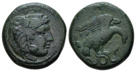 Bruttium, Kroton Bronze circa 350-300, Æ 18.00 mm., 7.34 g.
ΔION Head of Herakles r., wearing lion skin headdress. Rev. Eagle r., alighting on snake;...