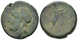 Bruttium, The Brettii Double Unit circa 208-204, Æ 25.00 mm., 15.88 g.
Head of Ares l., wearing Corinthian helmet decorated with a griffin. Rev. Athe...