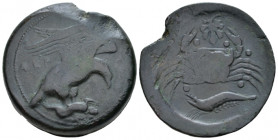 Sicily, Agrigentum Hemilitra circa 500-406, Æ 28.00 mm., 20.96 g.
Eagle, with raised wings, standing r. on hare. Rev. Crab above leaf; around, six pe...