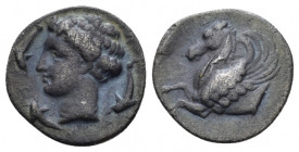 Sicily, Timoleon and the Third Democracy. 344-317 BC Syracuse Hemidrachm 344-339/8, AR 12.50 mm., 1.28 g.
Head of Arethusa l.; three dolphins around....