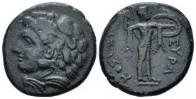 Sicily, Pyrrhos, 278-276 BC Syracuse Bronze circa 278-276, Æ 22.50 mm., 8.49 g.
Head of Herakles l., wearing lion-skin. Rev. Athena Promachos advanci...