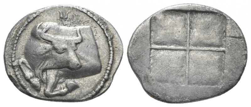 Macedonia, Acanthus Tetrobol circa 470-390, AR 14.00 mm., 2.29 g.
Forepart of b...