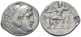 Kingdom of Macedon, Alexander III, 336-323. Perge Tetradrachm circa 189-188, AR 31.00 mm., 16.91 g.
Head of Heracles r., wearing lion skin. Rev. Zeus...