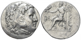 Kingdom of Macedon, Alexander III, 336 – 323 Phaselis Tetradrachm circa 197-196, AR 30.00 mm., 16.57 g.
Head of Herakles r., wearing lion skin headdr...