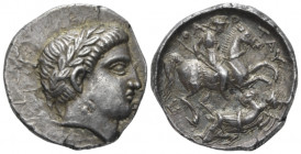 Kingdom of Paeonia, Patraos, 335-315 Astibos or Damastaion Tetradrachm circa 335-315 BC, AR 25.00 mm., 12.70 g.
Laureate head of Apollo r. Rev. Warri...