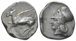 Acarnania, Leucas Stater circa 400-375, AR 20.00 mm., 8.38 g.
Pegasus flying l. Rev. Helmeted head of Athena l., within incuse square. Pegasi 43.

...