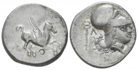 Acarnania, Leucas Stater circa 350-320, AR 22.00 mm., 8.20 g.
Pegasus flying r. Rev. Helmeted head of Athena r. kerykeion to l. Pegasi 94. BCD Akarna...