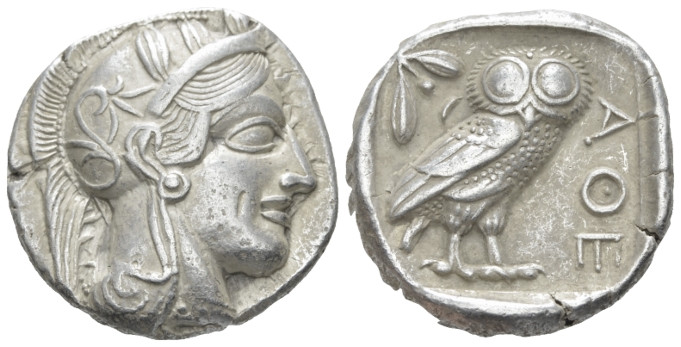 Attica, Athens Tetradrachm after 449 BC, AR 23.60 mm., 17.07 g.
Head of Athena ...