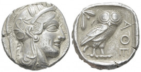 Attica, Athens Tetradrachm after 449 BC, AR 23.60 mm., 17.07 g.
Head of Athena r., wearing Attic helmet decorated with olive leaves and palmette. Rev...