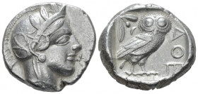 Attica, Athens Tetradrachm After 449 BC, AR 23.30 mm., 17.17 g.
Head of Athena r., wearing Attic helmet decorated with olive leaves and palmette. Rev...