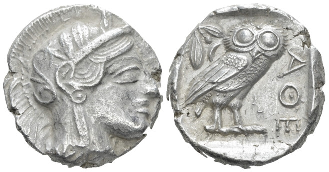 Attica, Athens Tetradrachm After 449 BC, AR 24.40 mm., 16.97 g.
Head of Athena ...