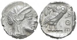 Attica, Athens Tetradrachm After 449 BC, AR 24.40 mm., 16.97 g.
Head of Athena r., wearing Attic helmet decorated with olive leaves and palmette. Rev...