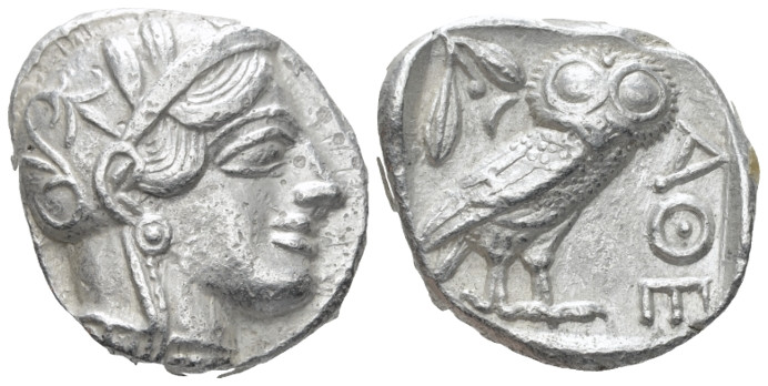 Attica, Athens Tetradrachm After 449 BC, AR 25.00 mm., 17.15 g.
Head of Athena ...