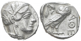 Attica, Athens Tetradrachm After 449 BC, AR 25.00 mm., 17.15 g.
Head of Athena r., wearing Attic helmet decorated with olive leaves and palmette. Rev...