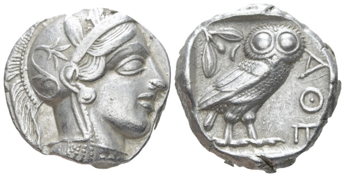 Attica, Athens Tetradrachm After 449 BC, AR 23.40 mm., 17.14 g.
Head of Athena ...