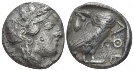 Attica, Athens Tetradrachm circa 403-365, AR 24.10 mm., 14.85 g.
Head of Athena r., wearing Attic helmet decorated with olive leaves and palmette. Re...