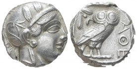 Attica, Athens Tetradrachm After 449, 22.00 mm., 17.12 g.
Head of Athena r., wearing Attic helmet decorated with olive leaves and palmette. Rev. Owl ...