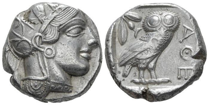 Attica, Athens Tetradrachm After 449, AR 22.50 mm., 17.20 g.
Head of Athena r.,...