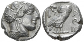 Attica, Athens Tetradrachm After 449, AR 22.50 mm., 17.20 g.
Head of Athena r., wearing Attic helmet decorated with olive leaves and palmette. Rev. O...