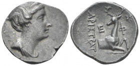 Ionia, Ephesus Didrachm circa 258-202, AR 21.00 mm., 6.13 g.
Draped bust of Artemis r., wearing stephane and quiver over shoulder. Rev. APIΣTPAT Fore...