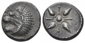 Satraps of Caria, Ecatomnus, 392-377 BC Mylasa Tetraobol circa 392-377, AR 15.00 mm., 4.28 g.
Forepart of roaring lion l. Rev. Stellate pattern in ci...