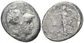 Pamphilia, Side Tetradrachm circa 205-100, AR 29.70 mm., 15.80 g.
Head of Athena r., wearing crested Corinthian helmet. Rev. Nike advancing l., holdi...