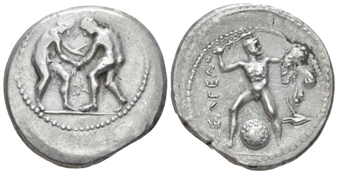 Pisidia, Selge Stater circa 350-325, AR 25.00 mm., 10.55 g.
 Two wrestlers grap...