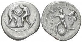 Pisidia, Selge Stater circa 350-325, AR 25.00 mm., 10.55 g.
 Two wrestlers grappling, below, BA. Rev. Herckles standing r., holding club overhead and...