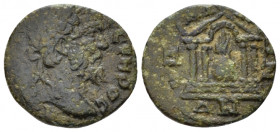 Lydia, Hypaepa Septimius Severus, 193-211 Bronze circa 193-211, Æ 16.60 mm., 2.58 g.
Laureate head r. Rev. Temple front of four columns containing la...