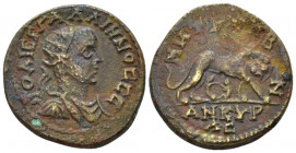Galatia, Ancyra Gallienus, 253-268 Bronze circa 253-268, Æ 24.50 mm., 6.57 g.
Radiate, draped and cuirassed bust of r. Rev. She-wolf standing r., suc...