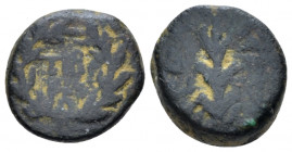 Judaea, Tiberias Herod III Antipas, 4 BC-39 AD Quarter Unit circa 20-21, Æ 13.00 mm., 3.83 g.
TIBЄ/PIAC in two lines within wreath. Rev. Palm frond; ...
