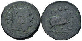 Quadrans circa 217-215,, Æ 35.00 mm., 34.31 g.
Head of Hercules r., wearing boar's skin; behind, three pellets. Rev. Bull charging r.; above, three p...