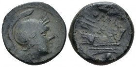 Uncia Sicily circa 214-212, Æ 19.40 mm., 5.97 g.
Head of Roma r., wearing Attic helmet; behind, [pellet]. Rev. ROMA Prow r.; above, corn-ear and belo...