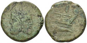 As Central Italy circa 208, Æ 37.20 mm., 39.77 g.
Laureate head of Janus; above, mark of value. Rev. Prow r.; above, mark of value and staff. In exer...