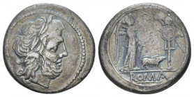 Sow series. Victoriatus circa 206-195, AR 16.70 mm., 2.51 g.
Laureate head of Jupiter r. Rev. Victory crowning trophy; in centre field, sow r. and in...
