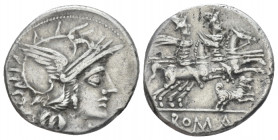 Denarius circa 206-109, AR 18.70 mm., 3.71 g.
Helmeted head of Roma r.; behind, X. Rev. The Dioscuri galloping r.; below, dog r. In exergue, ROMA in ...