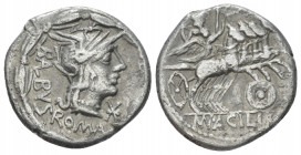 Mn. Acilius Balbus Denarius circa 125, AR 18.10 mm., 3.72 g.
Helmeted head of Roma r.; behind, BALBVS, below, ROMA and before, *. All within laurel w...