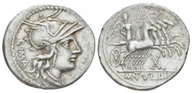 M. Tullius. Denarius circa 121, AR 21.30 mm., 3.73 g.
Helmeted head of Roma r.; behind, ROMA. Rev. Victory in prancing quadriga r., holding palm bran...