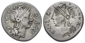 M. Sergius Silus. Brockage denarius 116 or 115, AR 18.00 mm., 3.82 g.
Helmeted head of Roma r.; behind, ROMA Ú and before, EX·S·C. Rev. Same type of ...
