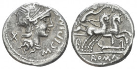 M. Cipius M. f. Denarius 115 or 114, AR 15.70 mm., 3.89 g.
M·CIPI·M·F Helmeted head of Roma r.; behind, X. Rev. Victory in prancing biga r., holding ...