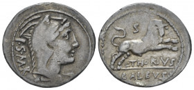 L. Thorius Balbus. Denarius circa 105, AR 21.50 mm., 3.93 g.
Head of Juno Sospita r., wearing goat's skin; behind, I.S·M·R. Rev. Bull butting r.; abo...