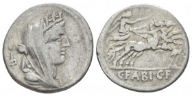 C. Fabius C.f. Hadrianus Denarius circa 102, AR 18.80 mm., 3.86 g.
Turreted and veiled bust of Cybeles r.; behind, Φ and dot. Rev. Victory in prancin...