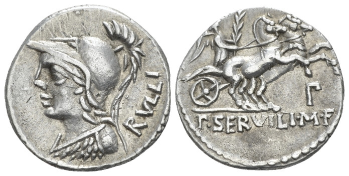 P. Servilius M.f. Rullus. Denarius circa 100, AR 18.70 mm., 4.02 g.
Helmeted bu...