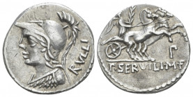 P. Servilius M.f. Rullus. Denarius circa 100, AR 18.70 mm., 4.02 g.
Helmeted bust of Minerva l.; behind, RVLLI. Rev. Victory, holding palm branch, in...