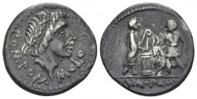 L. Pomponius Molo. Denarius circa 97, AR 18.60 mm., 3.63 g.
L·POM PON·MOLO Laureate head of Apollo r. Rev. Numa Pompilius holding lituus behind light...