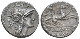 D. Iunius Silanus L.f. Denarius circa 91, AR 18.00 mm., 3.89 g.
Denarius 91, AR 3.89 g. Helmeted head of Roma r.; behind R. Rev. Victory in biga r., ...