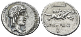L. Piso Frugi. Denarius circa 90, AR 20.00 mm., 3.88 g.
Laureate head of Apollo r.; below chin, R and behind, labrys. Rev. L PISO FRVGI below, horsem...
