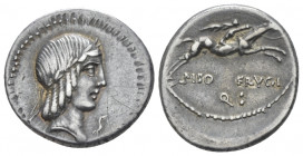 L. Piso Frugi. Denarius circa 90, AR 18.60 mm., 3.80 g.
Laureate head of Apollo r.; below chin, S. Rev. L PISO FRVGI below, horseman riding r., holdi...